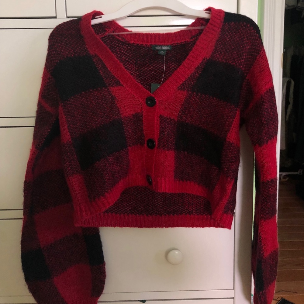 Black and Red Cropped Button Sweater- Medium